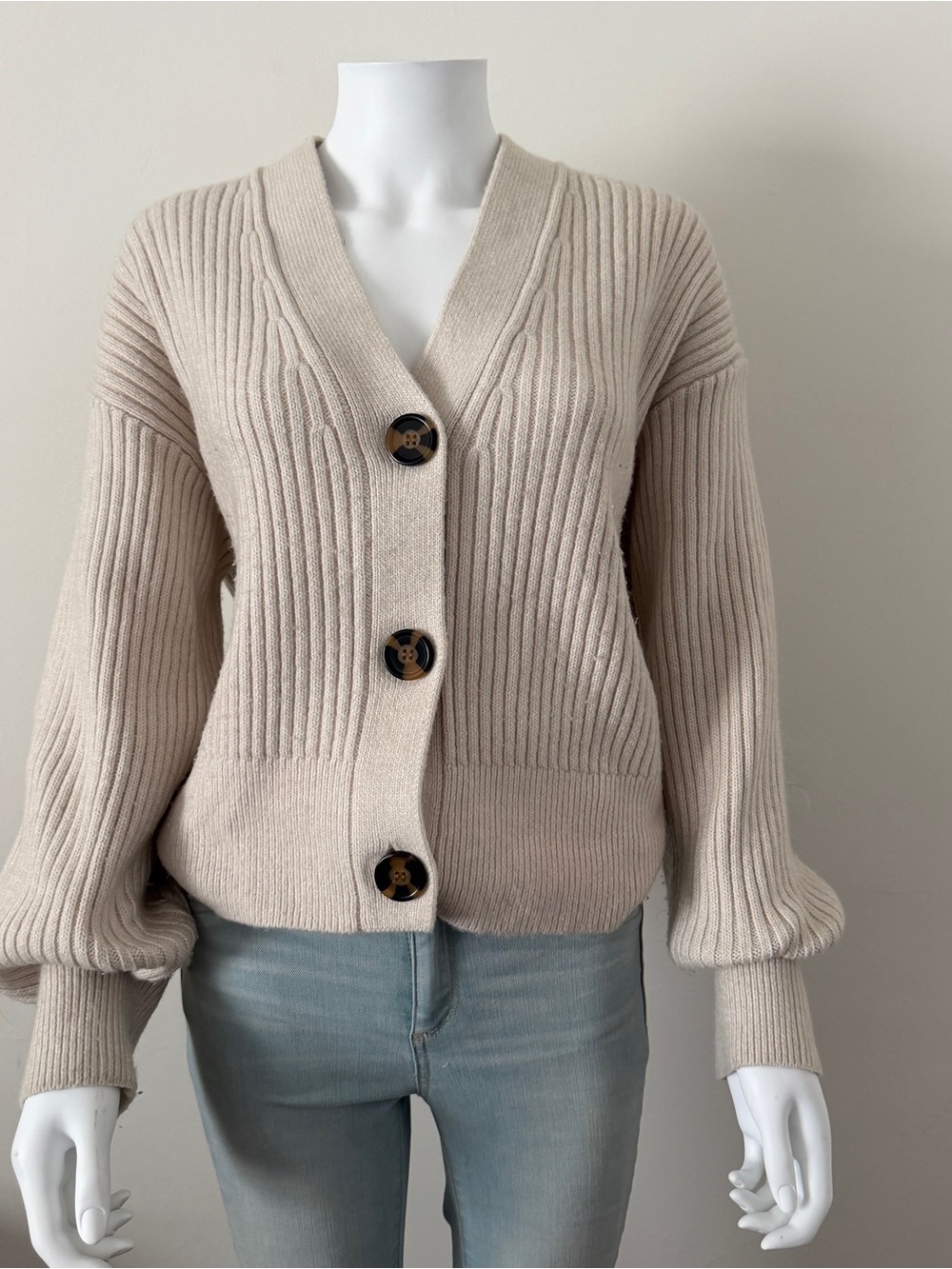 H&M Cream Ribbed V-Neck Button Cardigan